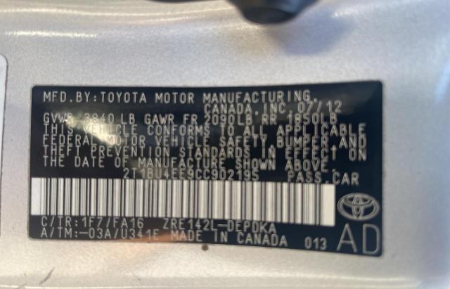 2T1BU4EE9CC902195 | 2012 Toyota corolla base