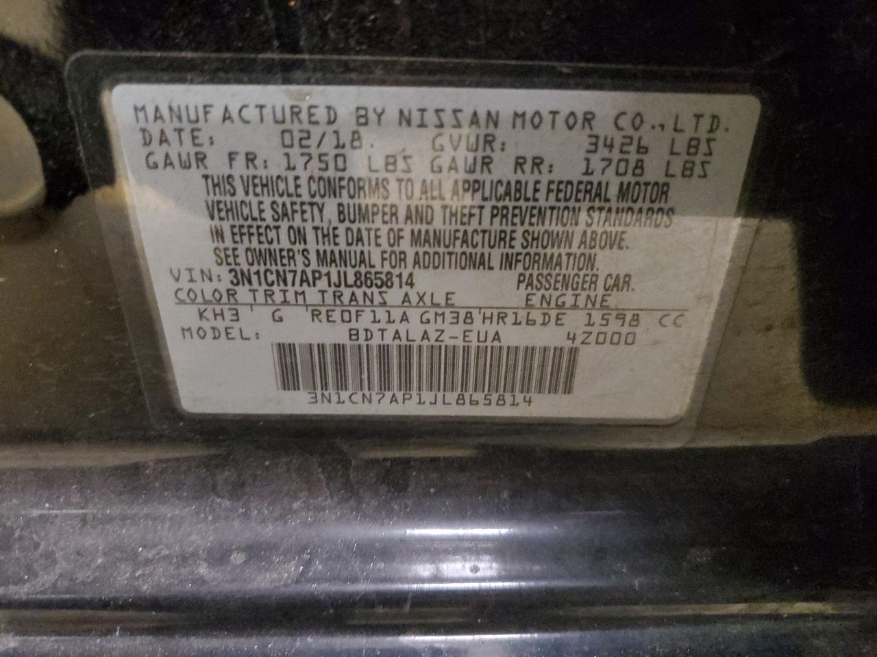 3N1CN7AP1JL865814 NISSAN VERSA 2018