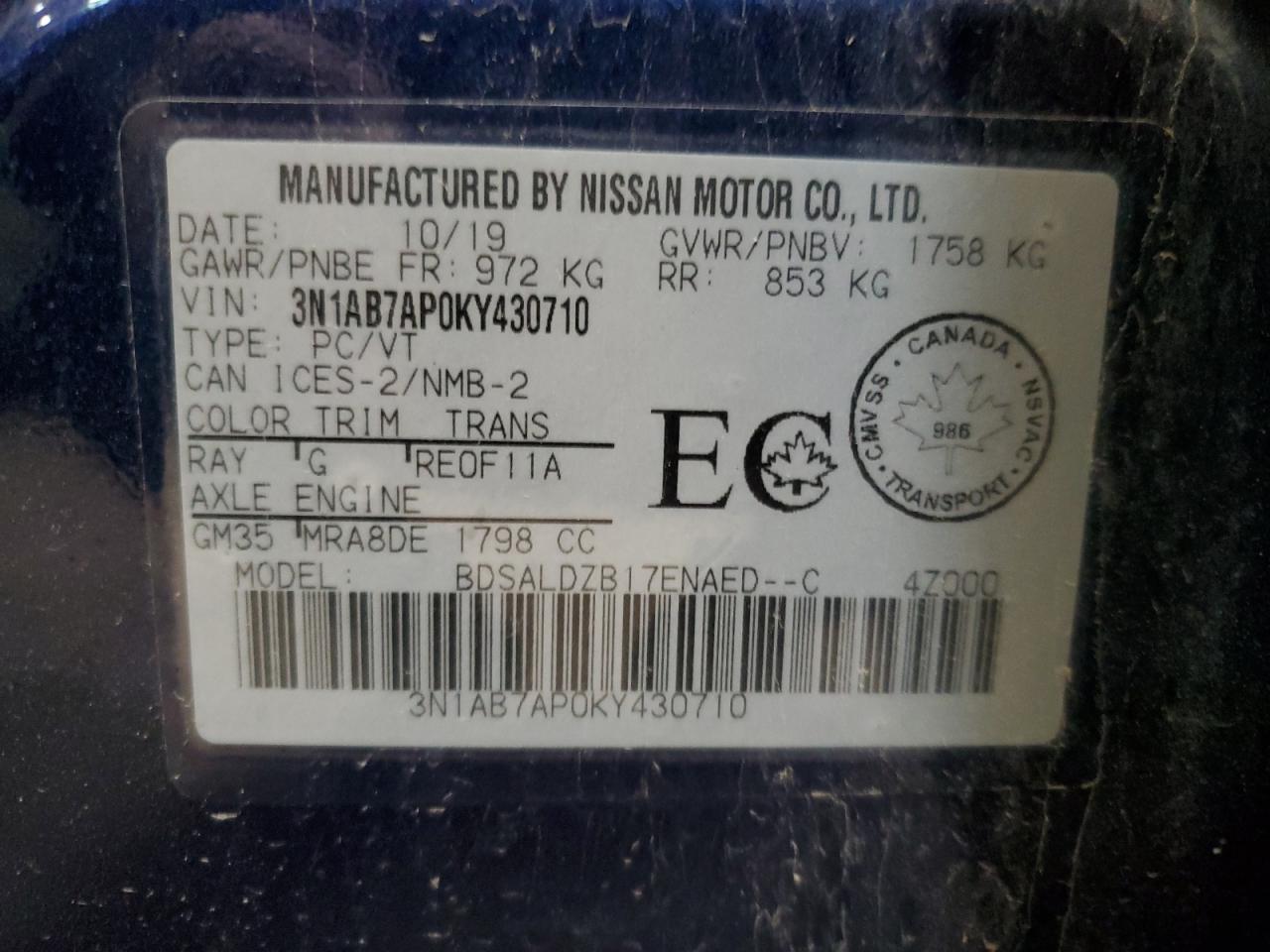 3N1AB7AP0KY430710 2019 Nissan Sentra S