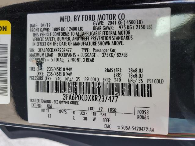 3FA6P0CDXKR237477 | 2019 FORD FUSION SEL