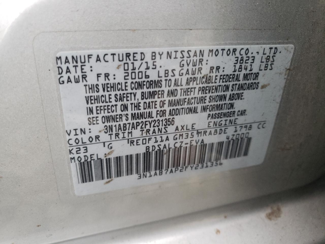 3N1AB7AP2FY231356 2015 Nissan Sentra S