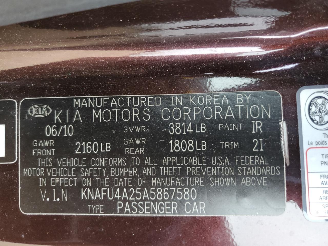 KNAFU4A25A5867580 2010 Kia Forte Ex