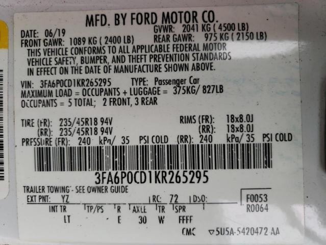 3FA6P0CD1KR265295 | 2019 FORD FUSION SEL