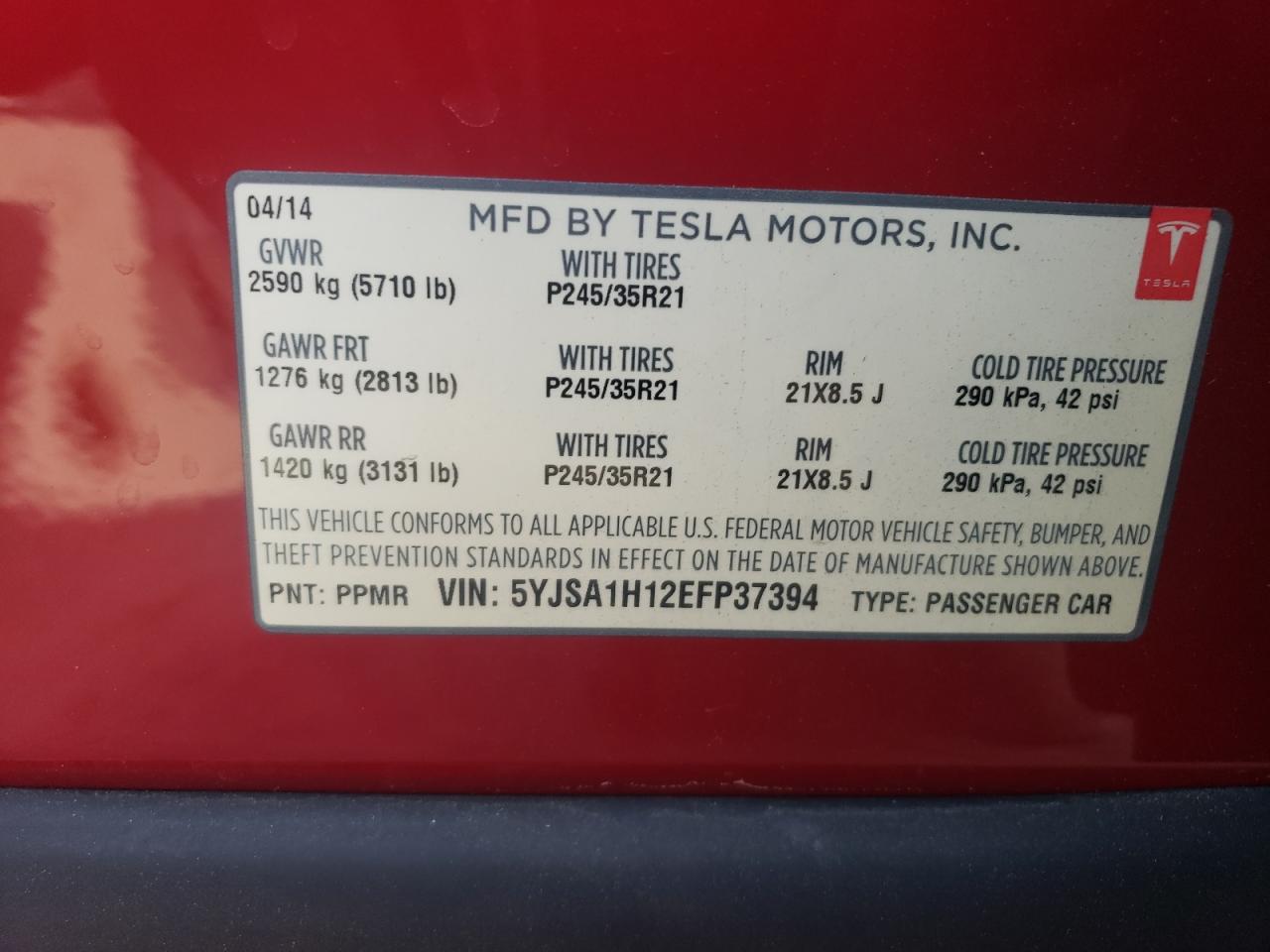 2014 Tesla Model S vin: 5YJSA1H12EFP37394