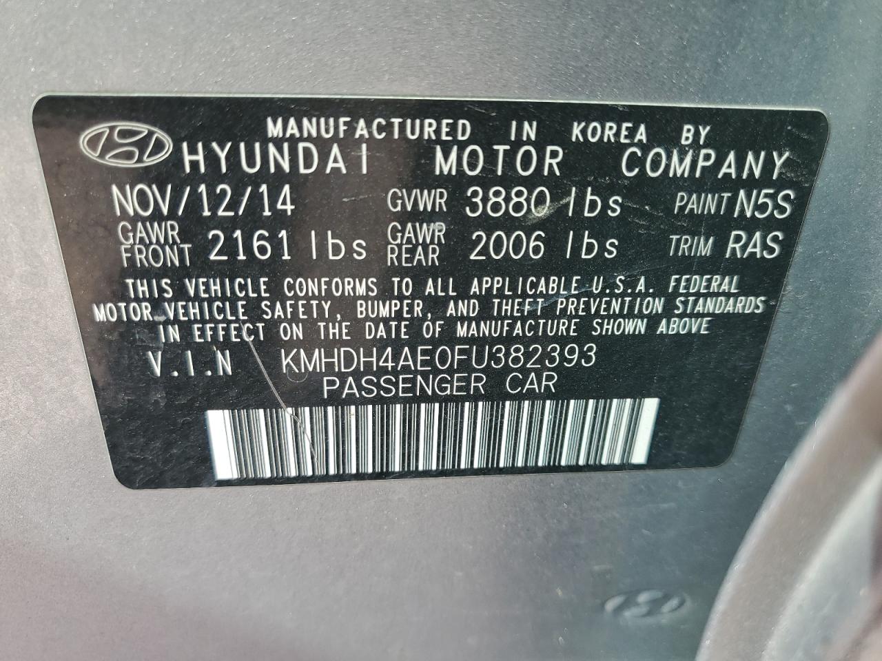 2015 Hyundai Elantra Se vin: KMHDH4AE0FU382393