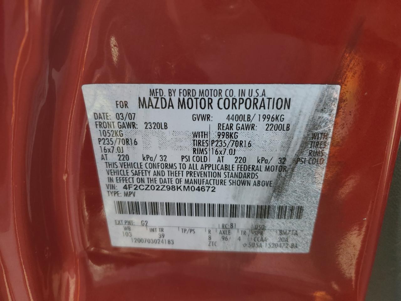 Lot #2513225301 2008 MAZDA TRIBUTE I