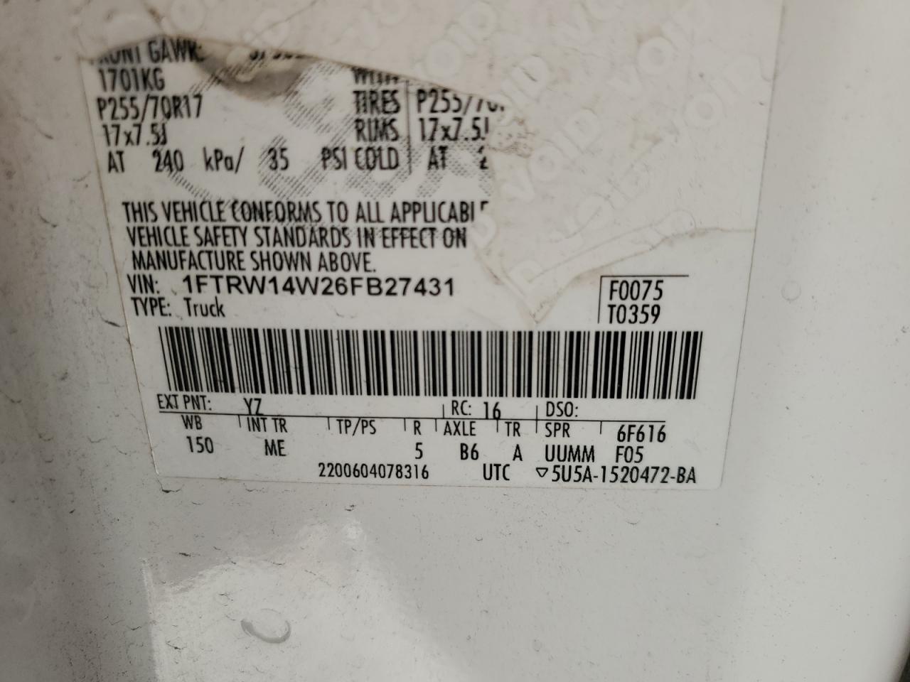 1FTRW14W26FB27431 2006 Ford F150 Supercrew 1FTRW14W26FB27431 2006 Ford F150 Supercrew