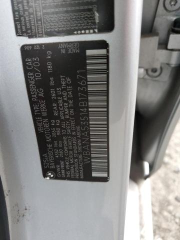 WBANA53514B173671 Auction: COPART Lot: 72199183 Location: WA - NORTH SEATTLE WBANA53514B173671 BMW 5 SERIES 2004 SILVER Photo 12