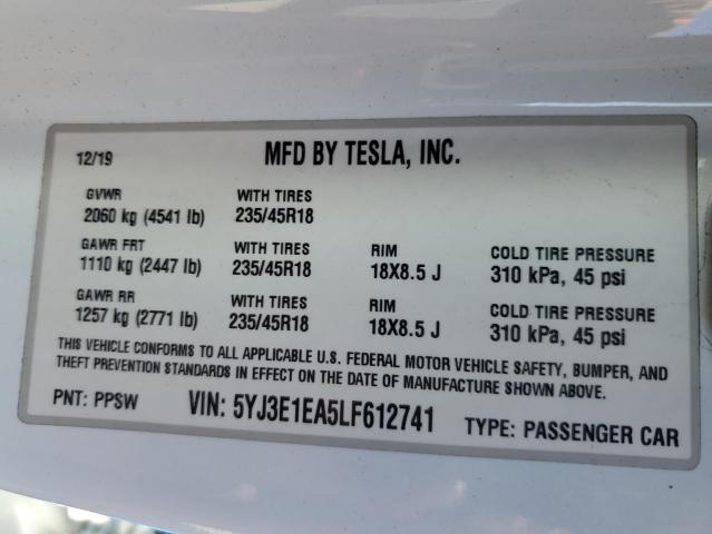 5YJ3E1EA5LF612741 | 2020 TESLA MODEL 3