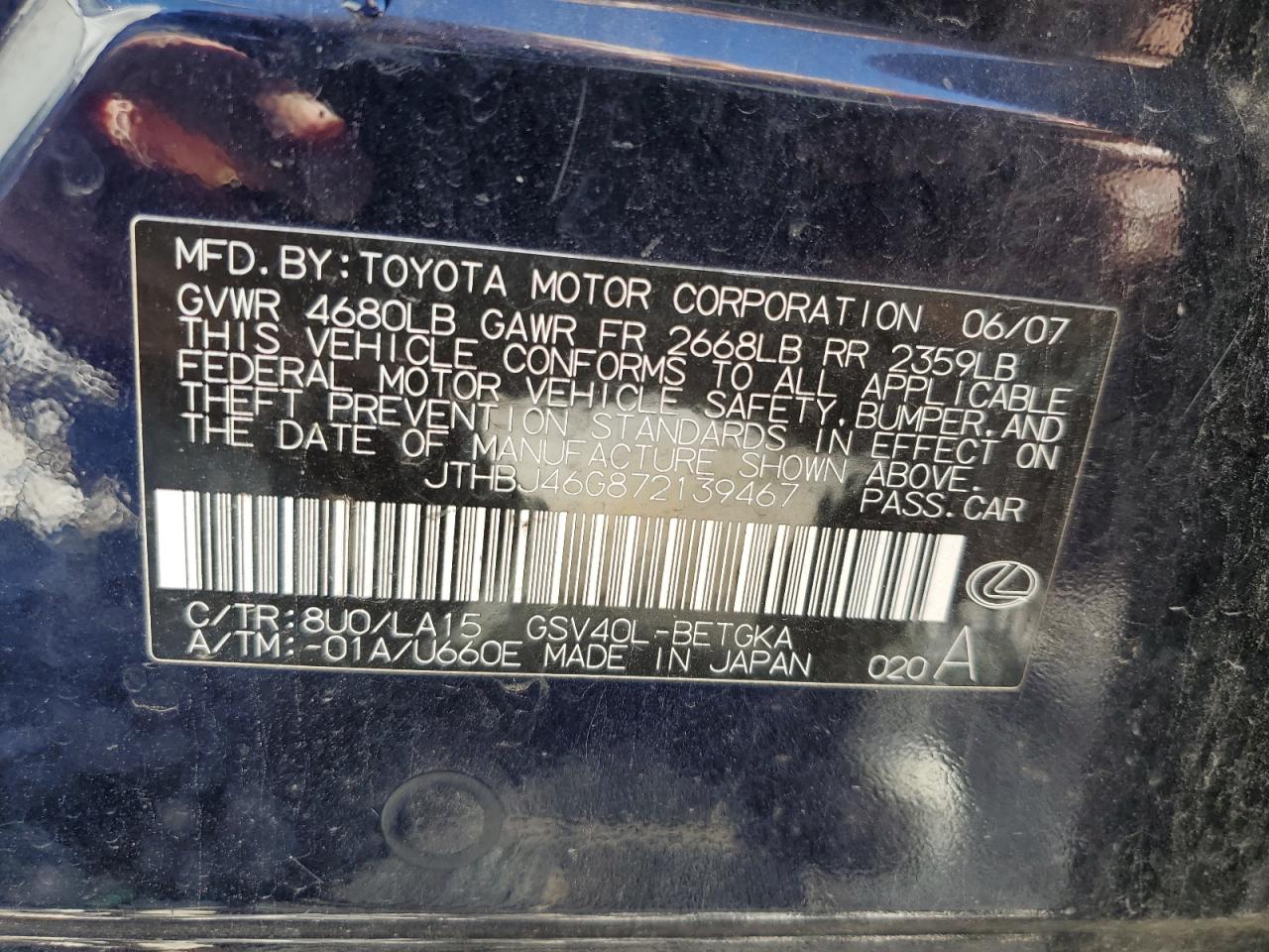 JTHBJ46G872139467 2007 Lexus Es 350