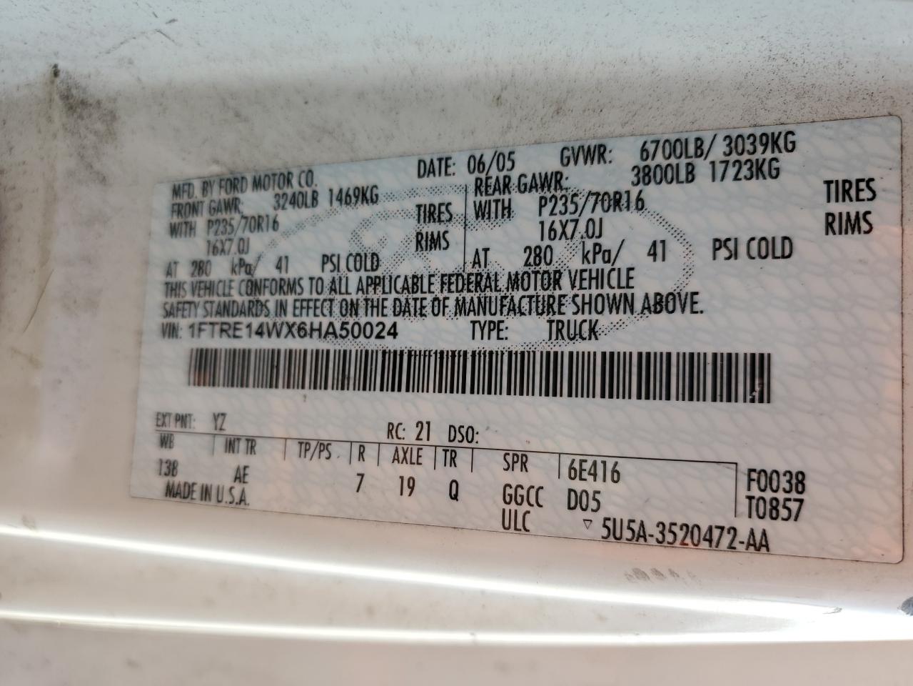 1FTRE14WX6HA50024 2006 Ford Econoline E150 Van 1FTRE14WX6HA50024 2006 Ford Econoline E150 Van