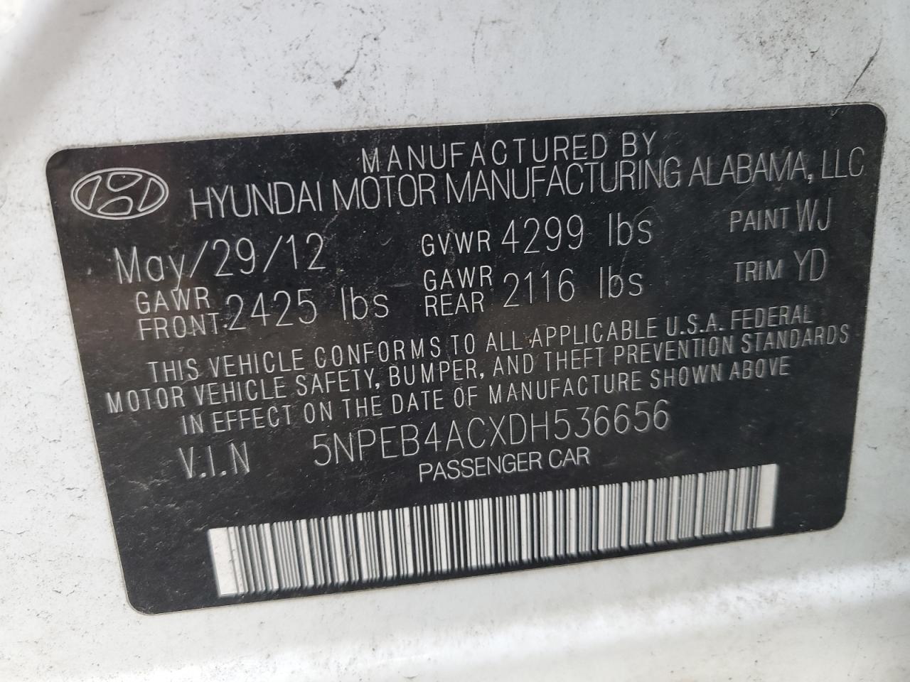 2013 Hyundai Sonata Gls vin: 5NPEB4ACXDH536656