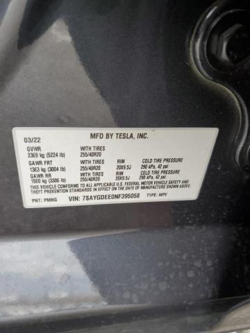 7SAYGDEE0NF395058 | 2022 TESLA MODEL Y