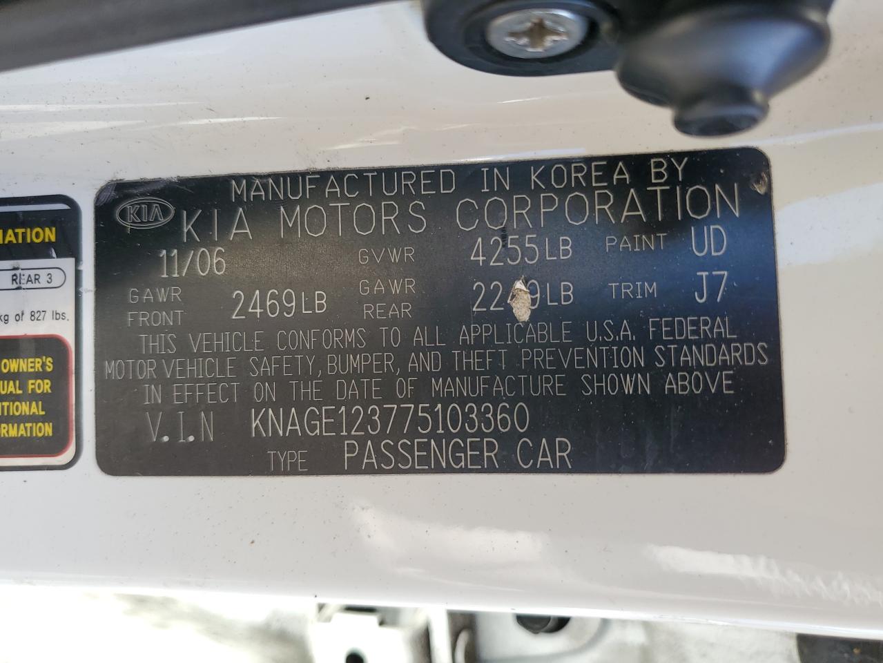 KNAGE123775103360 2007 Kia Optima Lx