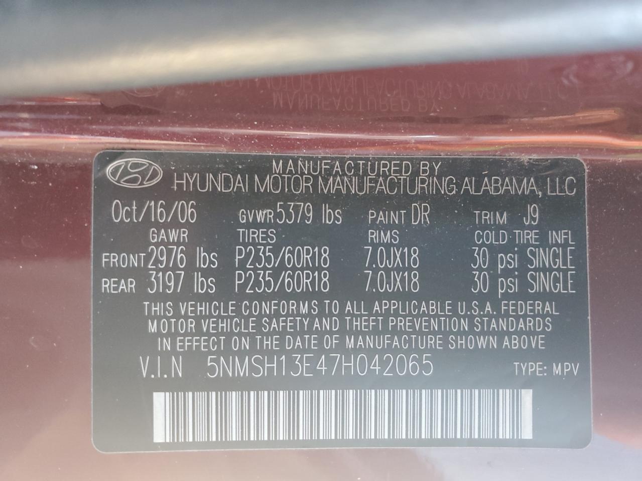 5NMSH13E47H042065 2007 Hyundai Santa Fe Se