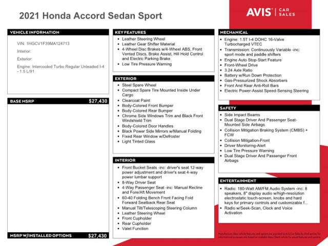 1HGCV1F39MA124713 | 2021 Honda accord sport