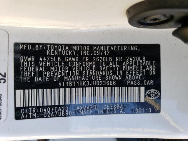 4T1B11HK3JU023666 | 2018 TOYOTA CAMRY L