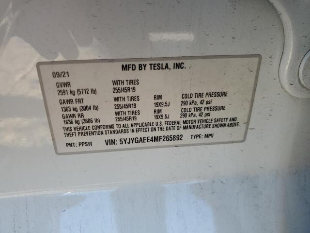 5YJYGAEE4MF265892 | 2021 TESLA MODEL Y