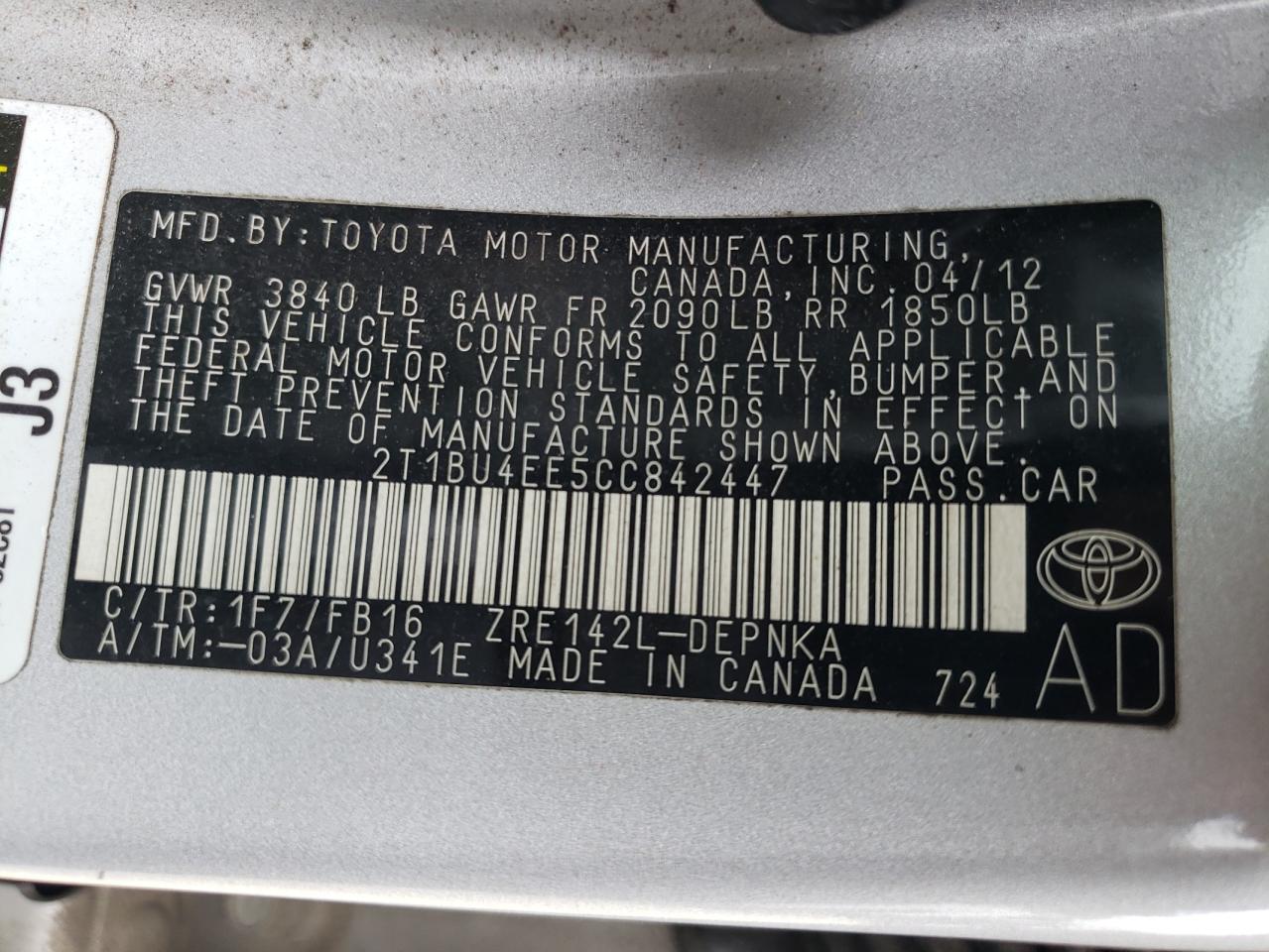 2T1BU4EE5CC842447 2012 Toyota Corolla Base