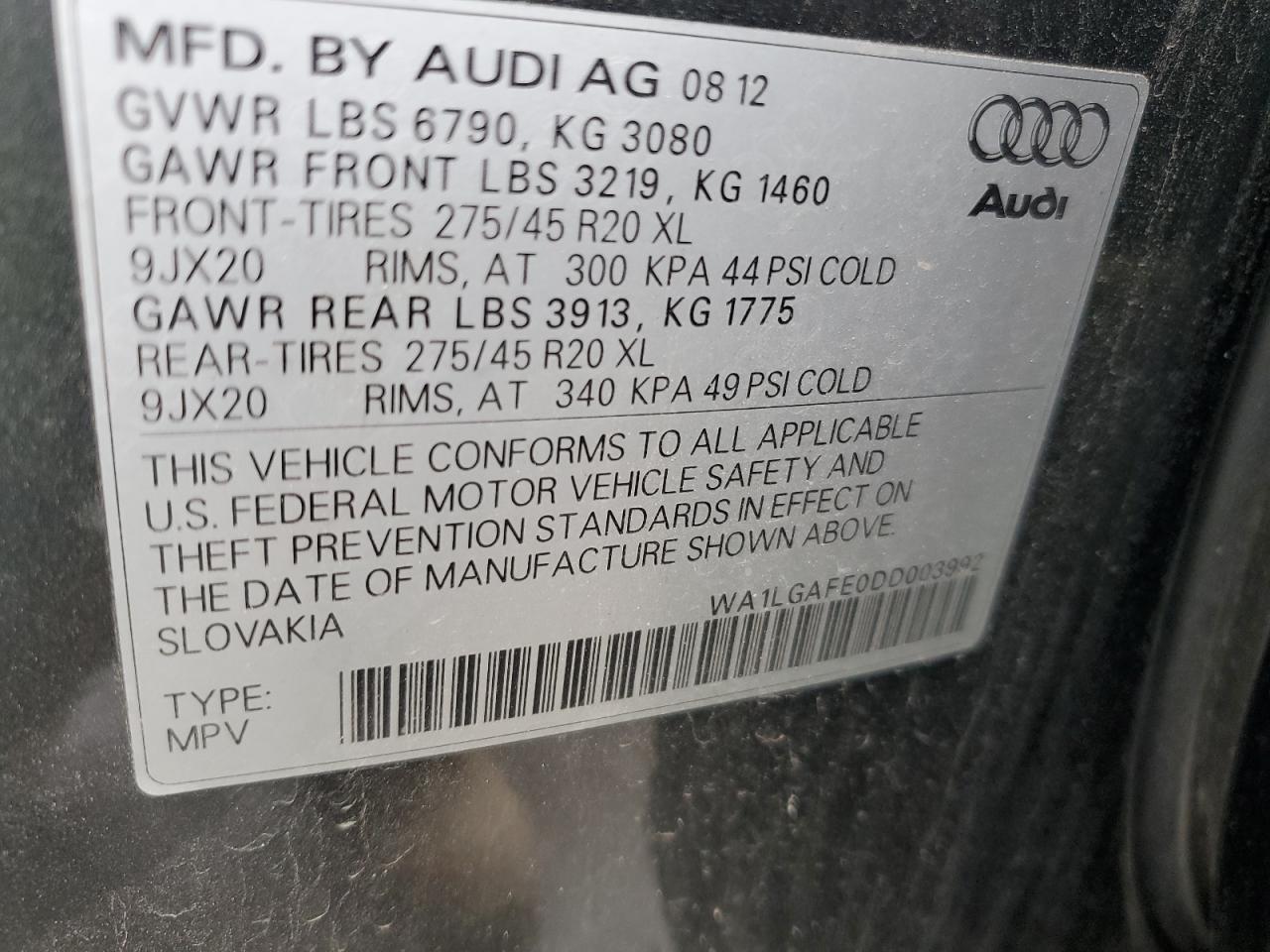 2013 Audi Q7 Premium Plus vin: WA1LGAFE0DD003992