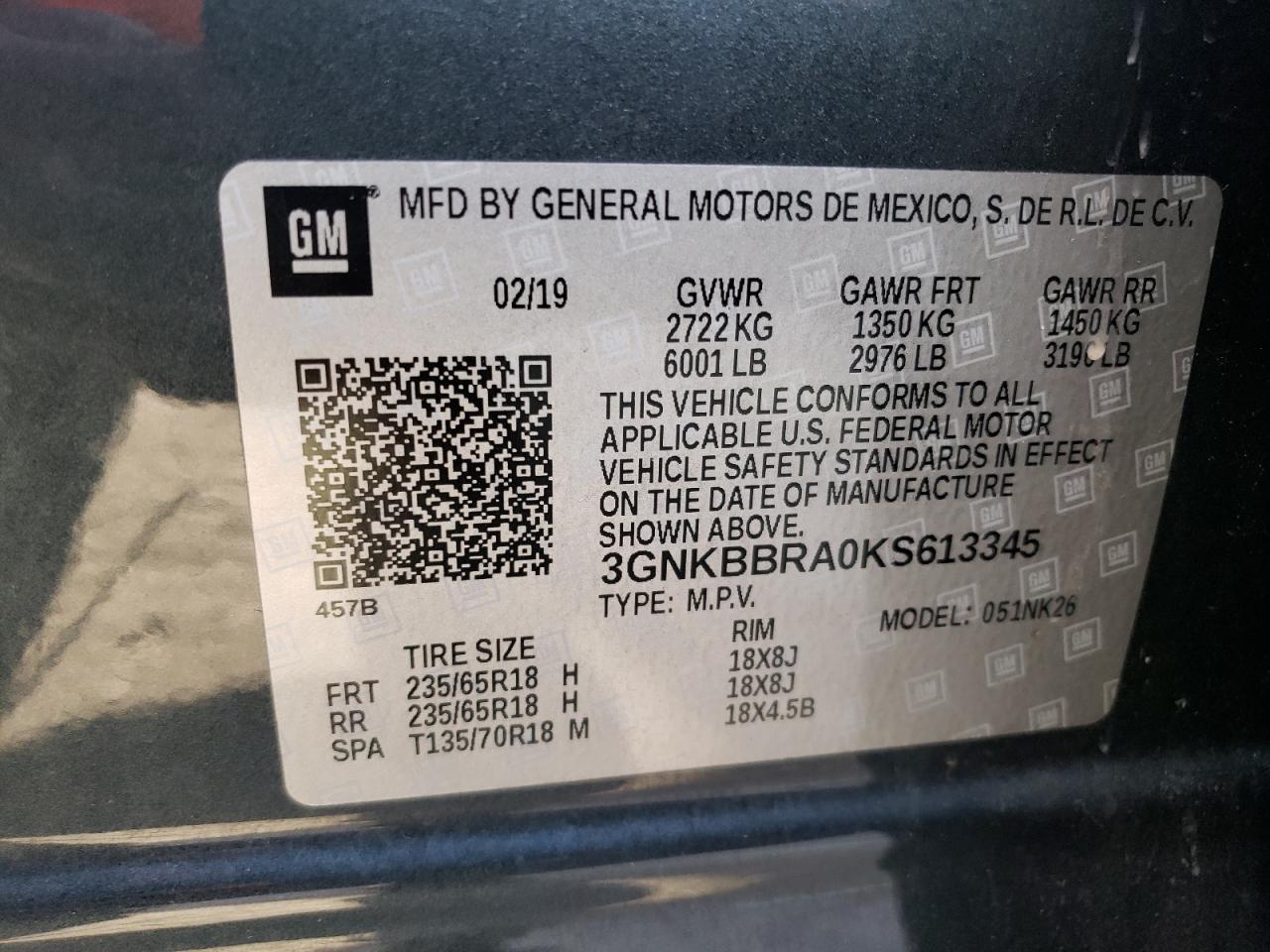 3gnkbbra0ks613345 3GNKBBRA0KS613345 2019 Chevrolet Blazer 1Lt