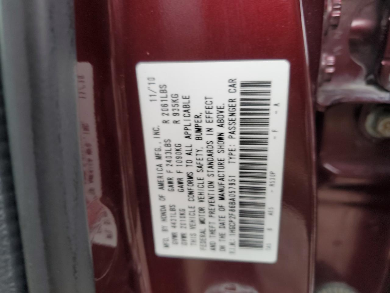 1HGCP2F86BA057951 2011 Honda Accord Exl