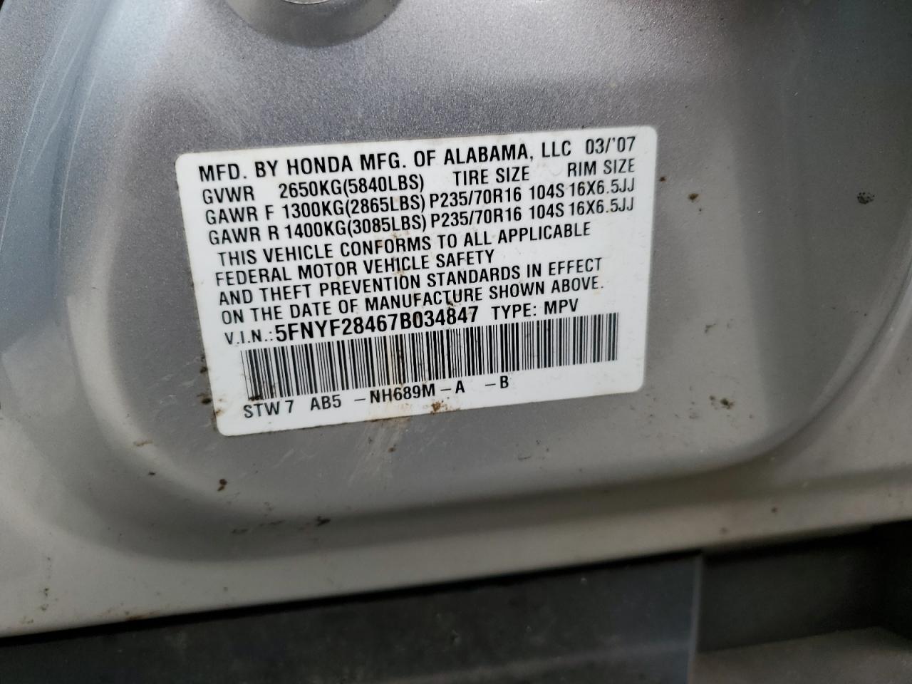 5FNYF28467B034847 2007 Honda Pilot Ex 5FNYF28467B034847 2007 Honda Pilot Ex