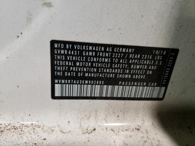 2019 VOLKSWAGEN E-GOLF SE - WVWKR7AU3KW902893