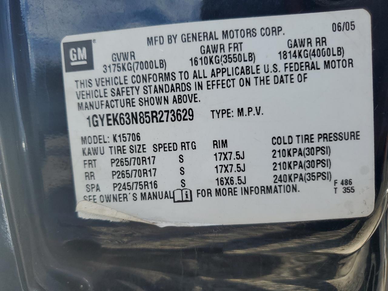 1GYEK63N85R273629 2005 Cadillac Escalade Luxury