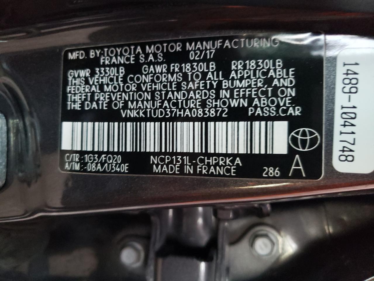 VNKKTUD37HA083872 2017 Toyota Yaris L