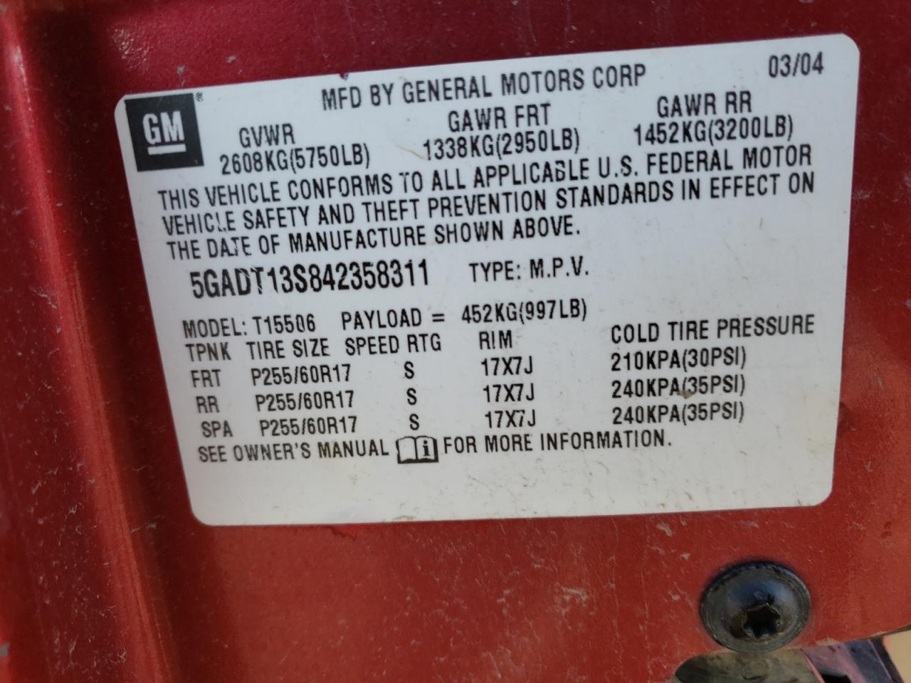 5gadt13s842358311 5GADT13S842358311 2004 Buick Rainier Cxl