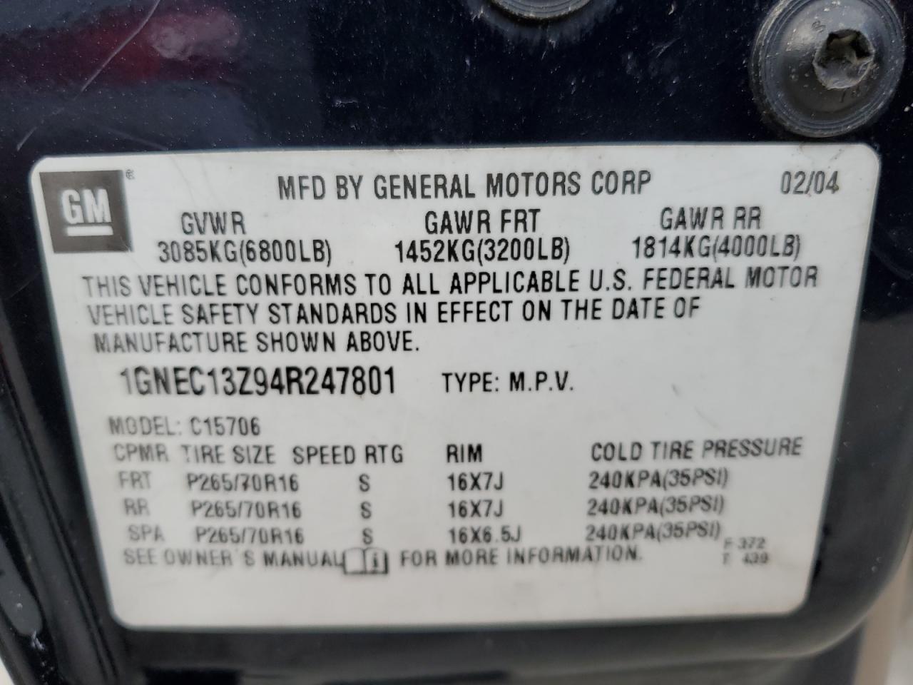 1GNEC13Z94R247801 2004 Chevrolet Tahoe C1500 1GNEC13Z94R247801 2004 Chevrolet Tahoe C1500