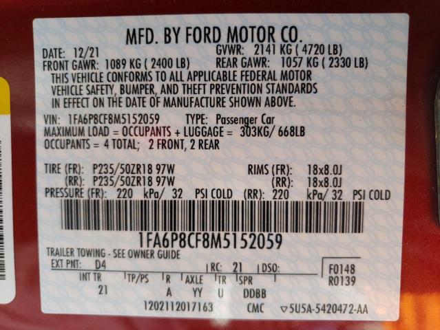 1FA6P8CF8M5152059 | 2021 FORD MUSTANG GT