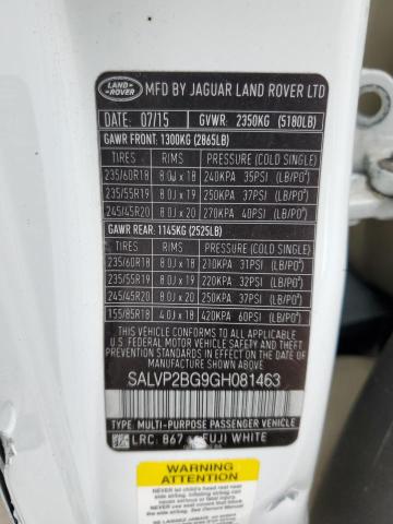 SALVP2BG9GH081463 | 2016 LAND ROVER RANGE ROVE