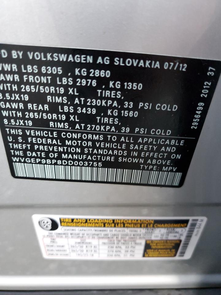 WVGEP9BP8DD003755 2013 Volkswagen Touareg V6 Tdi