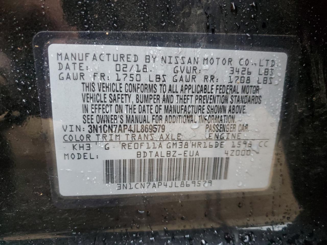 3N1CN7AP4JL869579 2018 Nissan Versa S