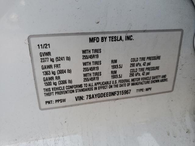 7SAYGDEE0NF315967 | 2022 Tesla model y