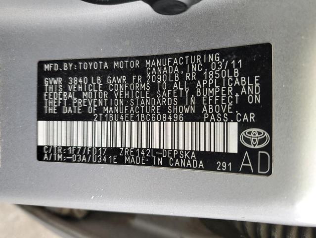 2011 Toyota Corolla Base VIN: 2T1BU4EE1BC608496 Lot: 74358323