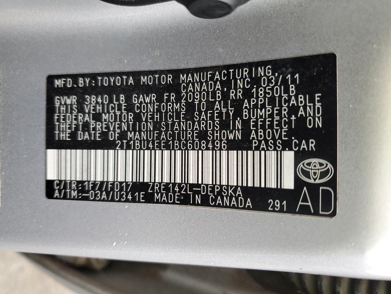 2T1BU4EE1BC608496 2011 Toyota Corolla Base