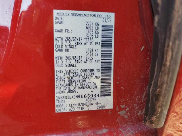 1N6ED1EK9NN665934 Nissan FRONTIER S
