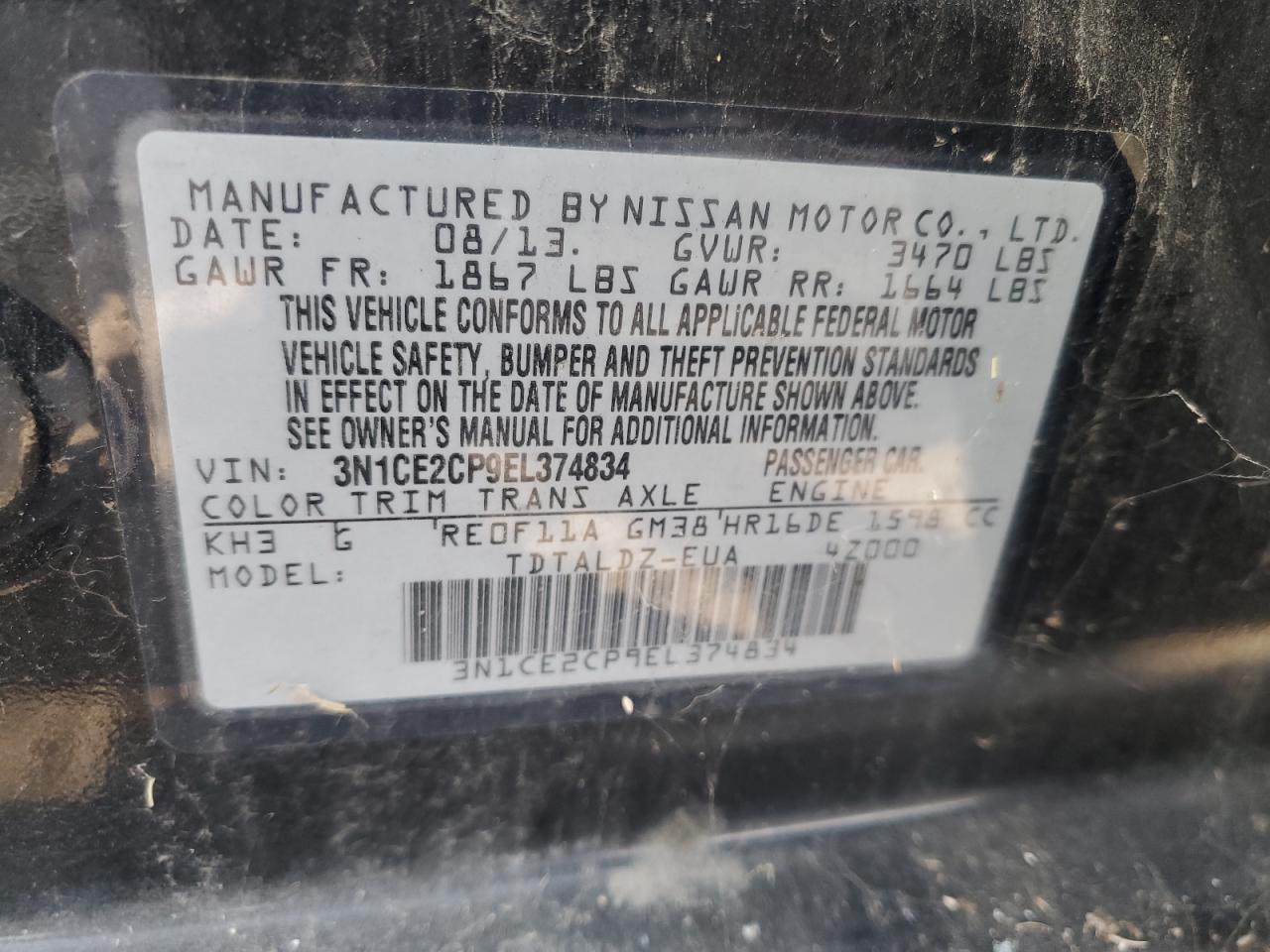 3N1CE2CP9EL374834 2014 Nissan Versa Note S 3N1CE2CP9EL374834 2014 Nissan Versa Note S