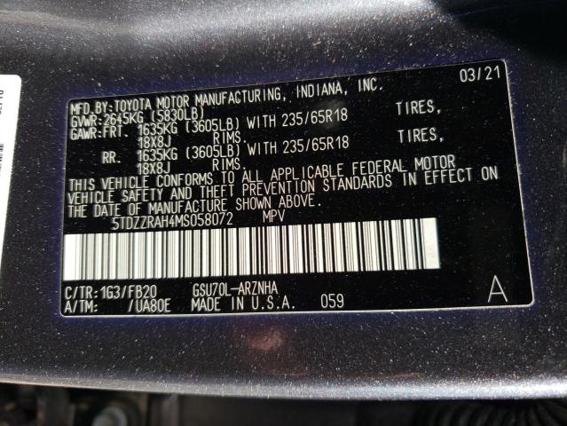 5TDZZRAH4MS058072 | 2021 TOYOTA HIGHLANDER