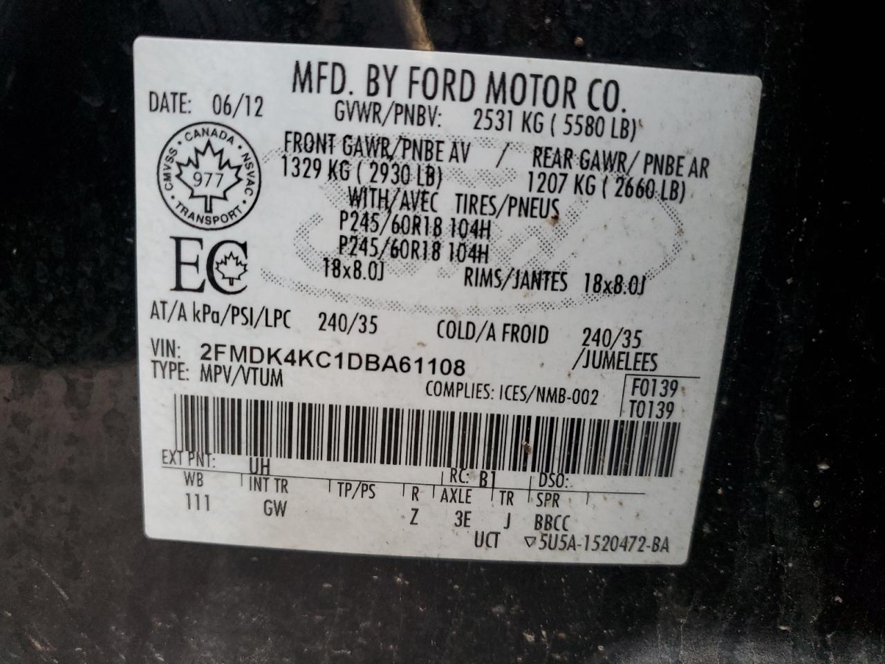 2013 Ford Edge Limited vin: 2FMDK4KC1DBA61108