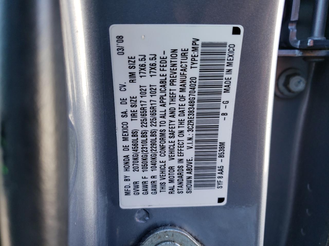 3CZRE38348G704020 2008 Honda Cr-V Lx