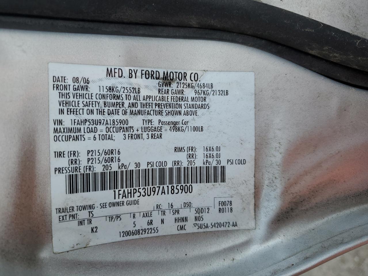 1FAHP53U97A185900 2007 Ford Taurus Se