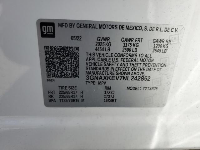 3GNAXKEV7NL242852 | 2022 CHEVROLET EQUINOX LT