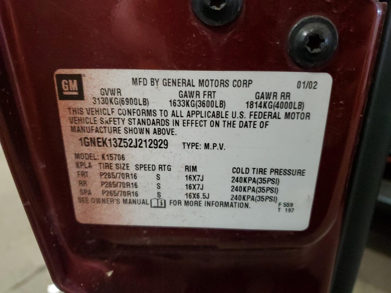 1GNEK13Z52J212929 2002 Chevrolet Tahoe K1500 1GNEK13Z52J212929 2002 Chevrolet Tahoe K1500