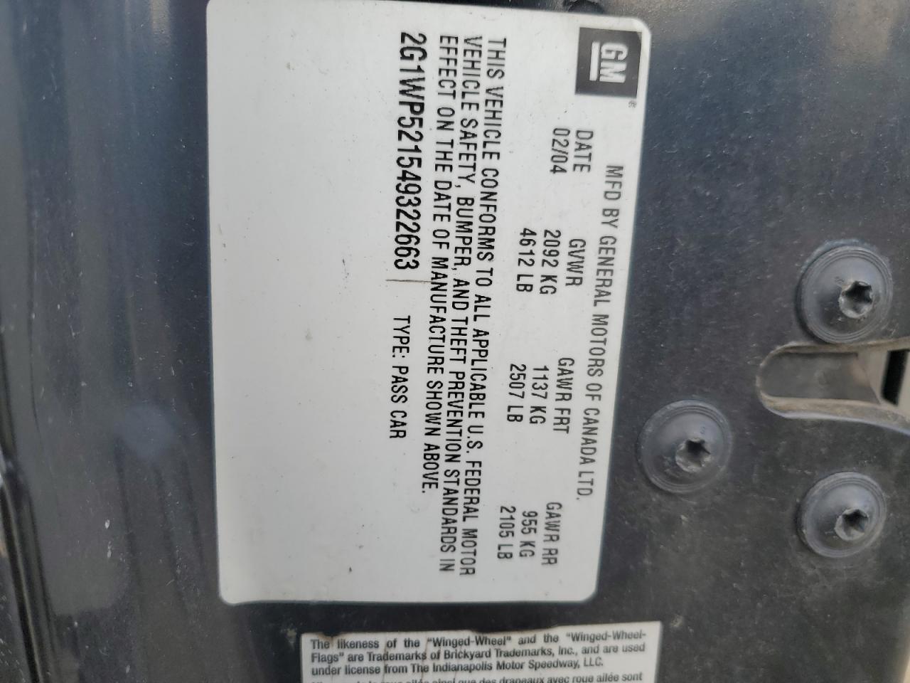 2G1WP521549322663 2004 Chevrolet Impala Ss