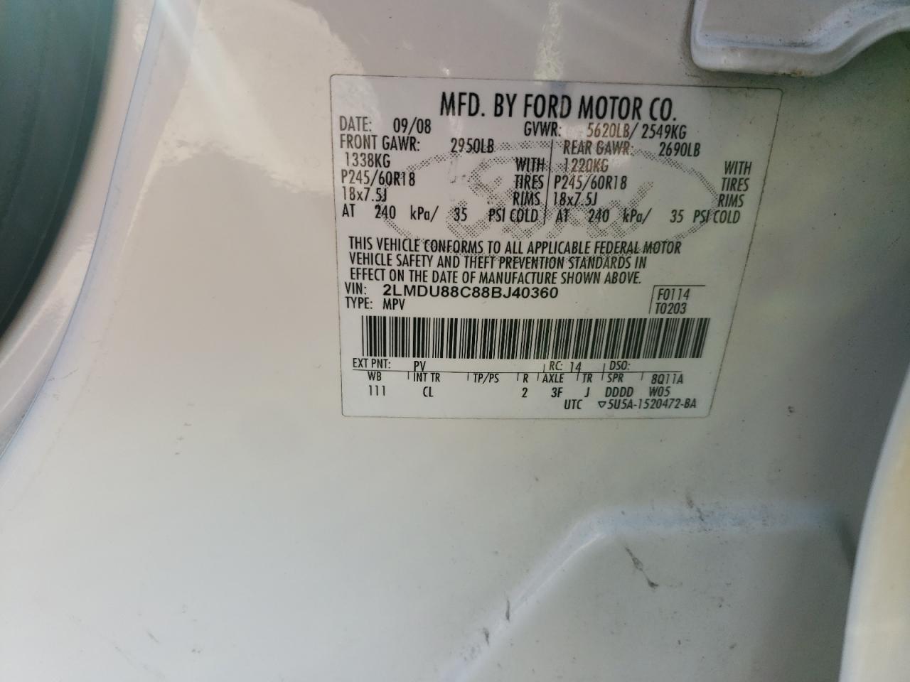 2lmdu88c88bj40360 2LMDU88C88BJ40360 2008 Lincoln Mkx