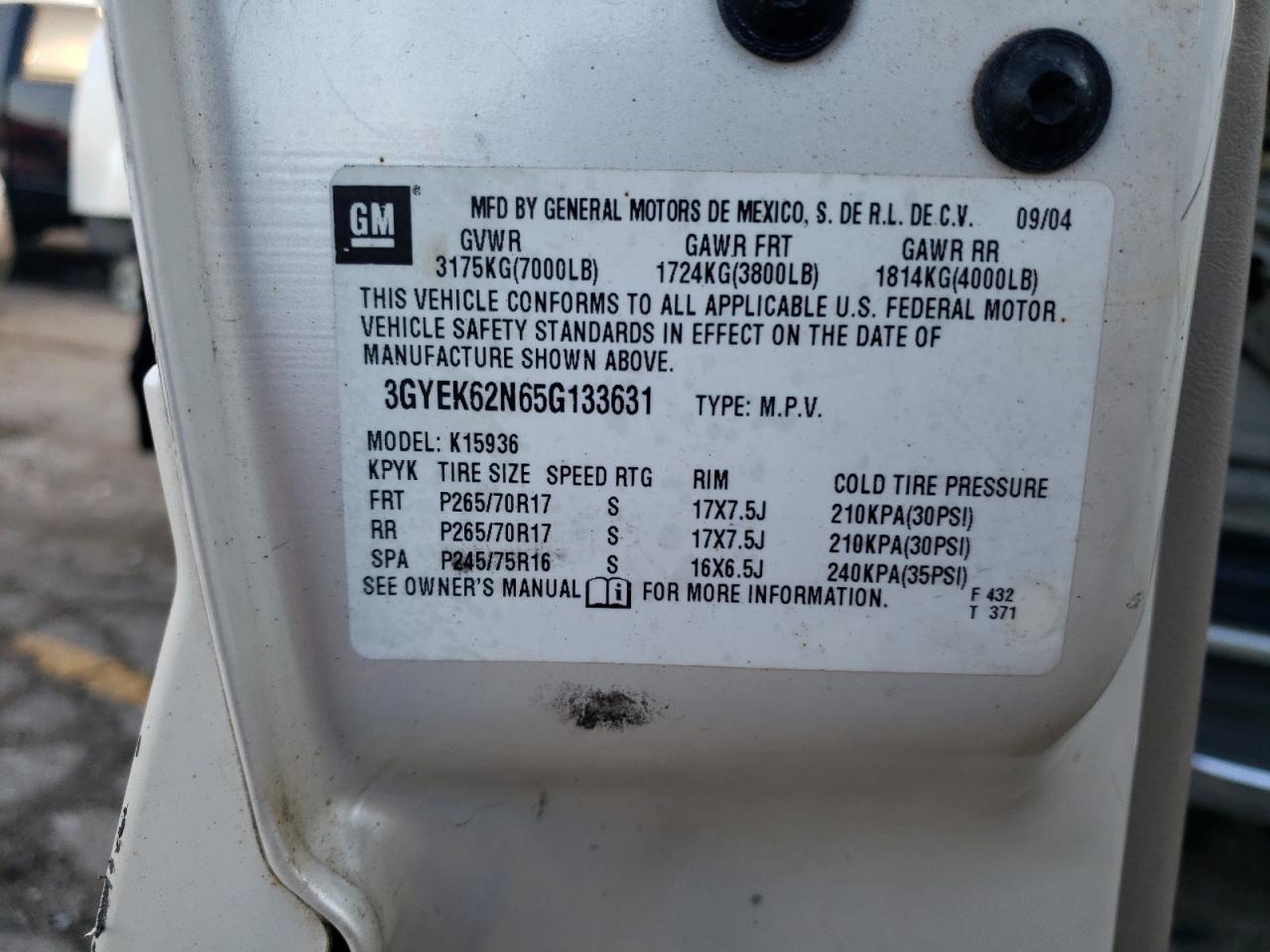 3gyek62n65g133631 3GYEK62N65G133631 2005 Cadillac Escalade Ext